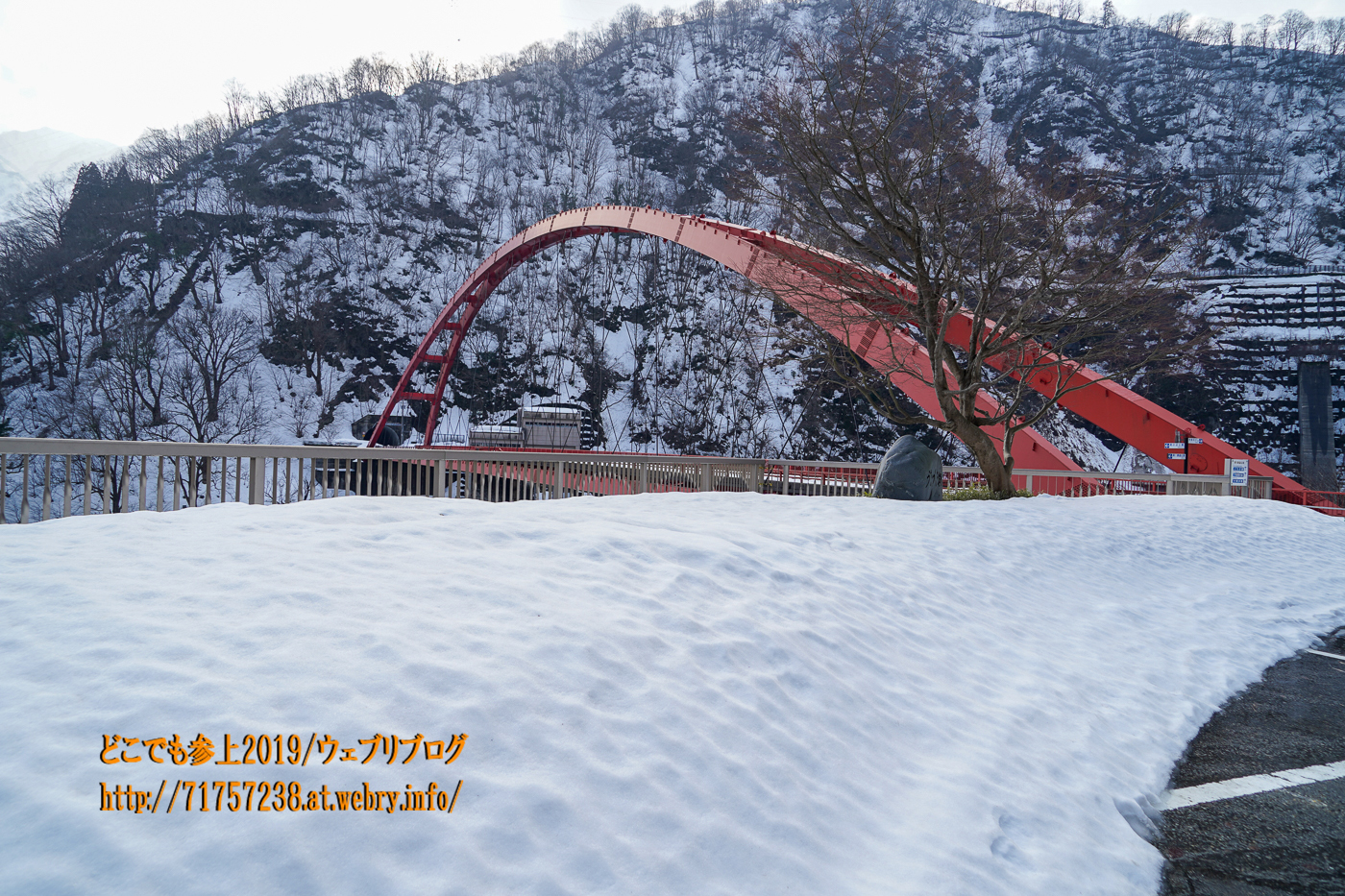 宇奈月の雪景色！赤い湖面橋と、山彦橋が印象的！！: どこでも参上 魚津の蜃気楼と風景